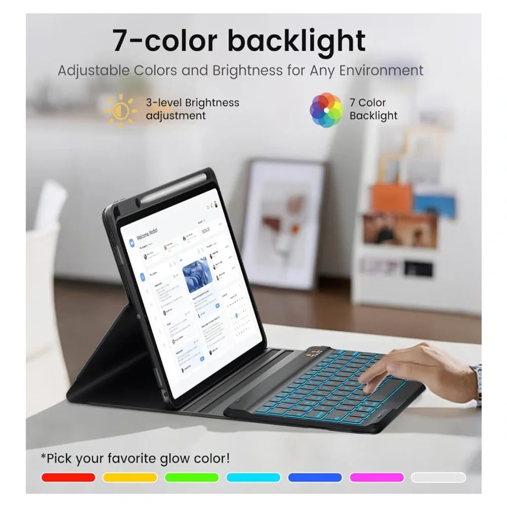 iPad Air 11” Folio Cover Keyboard Case 7-Color Backlit Pencil Holder Detachable